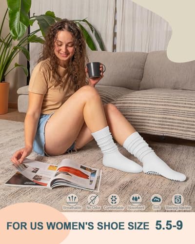 Image of yeuG Pilates Grip Socks for Women Yoga Slouch Socks with Grip for Barre Knee High Boot Socks Long Scrunch Slipper Socks