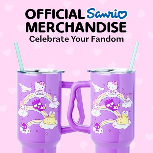 Image of Silver Buffalo Sanrio Hello Kitty and Friends Featuring My Melody, Cinnamoroll, Kuromi, Chococat, Badtz-Maru, Keroppi, and Pompompurin Double Walled Stainless Steel Tumbler with Handle, 40 Ounces