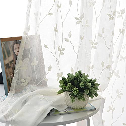 Alifish Pastoral Emberidered Tree Leaves Rod Pocket Decorative Home Fashion Sheer Curtians Window Treatment/Gauze/Voile/Tulle/Drapes For Living Room/Dining Rom 1 Panel W39 X L63 Inch #TOP2
