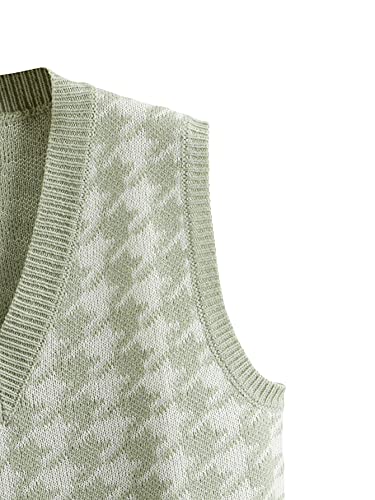 Sweatyrocks Women's Sleeveless V Neck Knit Sweater Vest Houndstooth Crop Tank Top Green White M #TOP3