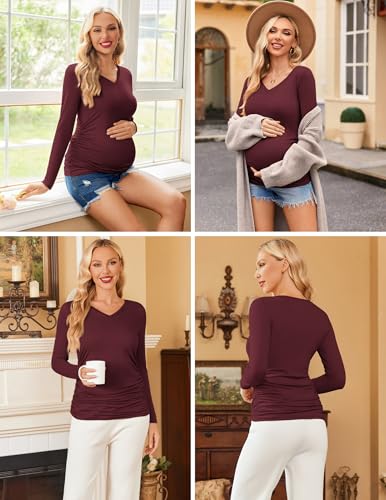 Ekouaer Womens Maternity Shirts Long Sleeve 3 Packs Pregnancy V-Neck Clothes Side Ruched Blouse Tops for Mama Maroon/Caramel/Dark Grey XL — view 4