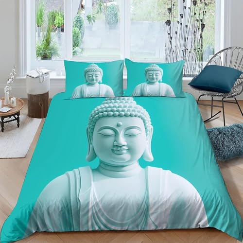 Housse de Couette 160x200 cm Statue de Bouddha Parure de Lit 1 Personnes Thème Zen Oriental 3D Imprimée Doux Microfibre Literie 3 Pièces avec Fermeture...