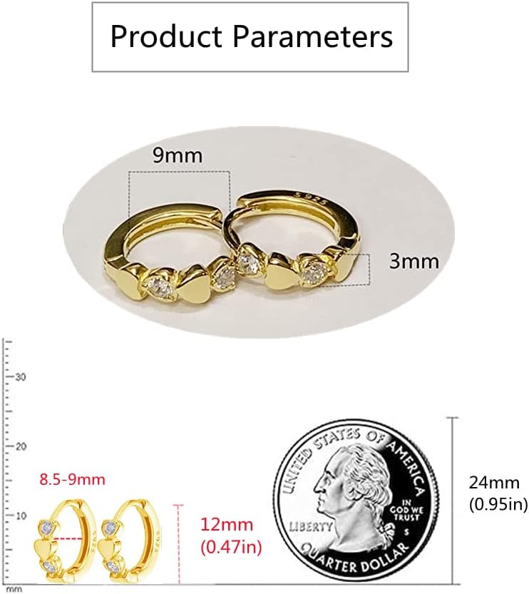 Double Love Heart Cubic Zirconia Small Hoop Earrings for Women 925 Sterling Silver Cartilage Tiny Cute Huggie Hoops Hypoallergenic Nickel Free Jewelry Dainty Gifts (Golden) - Image 6