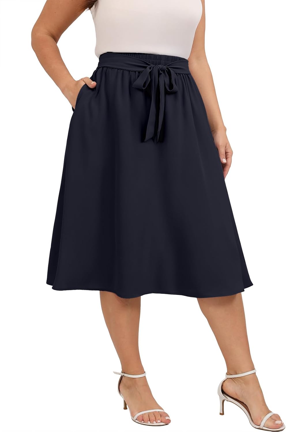 Xpenyo Womens Plus Size Midi Skirts Summer Elastic High Waisted Boho Casual Beach Flowy Swing Knee Length Skirts with Pockets - Image 4