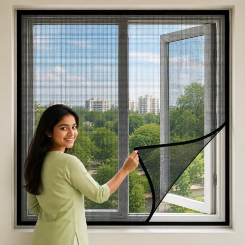 Image of DM DASII Window Mosquito Net with Self Adhesive Velcro Tape | Fiberglass Mesh Window Insect Screen | Washable Reusable Fly Bug Protection Mesh for Home | Black, 3 * 3 ft |