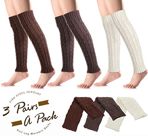 FIBO STEEL 3 Pairs Women Knit Leg Warmers Winter Long Boot Cuffs Socks