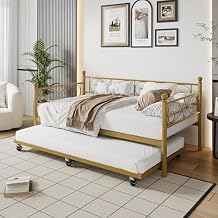 Twin Size Daybed Frame with Trundle, Metal Day Bed with Floral Headboard, Heavy Duty Steel Slats Supports, Modern Twin Bed Frame with Pull-Out Trundle for Living Room, Guest Room, Gold
