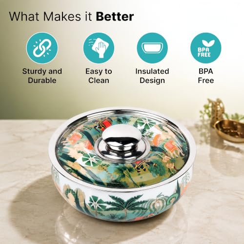 Image of The Better Home Insulated Casserole Serving Bowl | Stainless Steel Food Grade | Capacity 1500ml Printed Design Easy to Clean Double Wall Insulation Hot Food Storage Tureen | 1 Pack