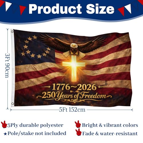 250 Anniversary USA Flag, Double Sided Waterproof Patriotic Eagle Cross Flag 1776-2026, Christian Outdoor Yard Decor (3x5ft)