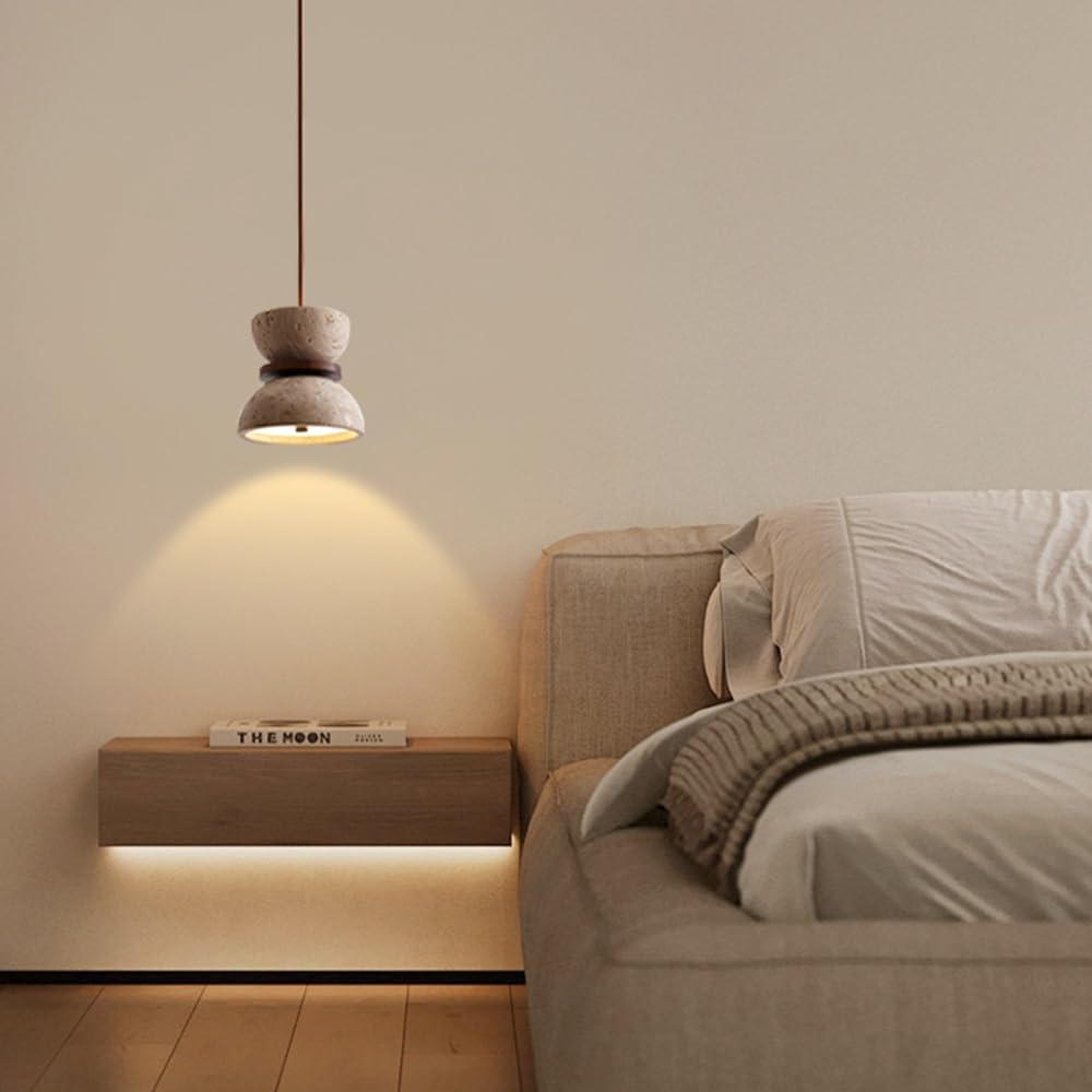 5,9 Zoll große japanische gelbe Travertin-Pendelleuchte, Vintage-Deckenlampe mit rundem Steinschirm, moderne Marmor-Kronleuchter aus der Mitte des Jahrhunderts for Kücheninsel, Esszimmer