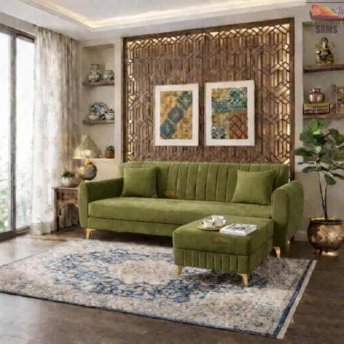 Image of SRMS Golden Legs 4 Seater L Shape Velvet Fabric Sofa Set with Four Cushions | Perfect for Home Office Guests Living Room | Sofa Set for living Room | 74 x 32 x 30 inches | Olive Green
