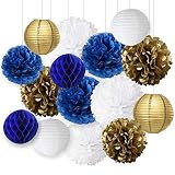 Wcaro Mixed Navy Blue White Gold Party Tissue Paper Pom Poms Hanging Paper Lantern Ball Paper Honeyc