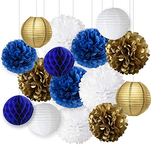 Wcaro Mixed Navy Blue White Gold Party Tissue Paper Pom Poms Hanging Paper Lantern Ball Paper Honeycomb Nautical Navy Themed Party Decoration Wedding Birthday Girl Baby Shower Nursery Decoration #TOP5