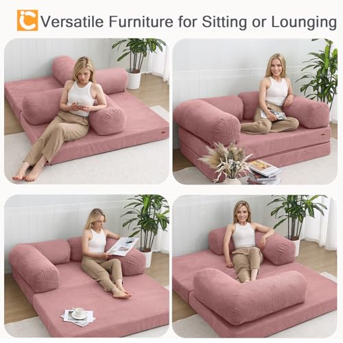 COMAX Folding Sofa Bed Queen, 4-in-1 Convertible Foldable Floor Couch Futon Sofa with Armrests, Sleeper Mattress Fold Out Chair Bed Comfy Portable Lounge Guest for Living Room Bedroom, Pink