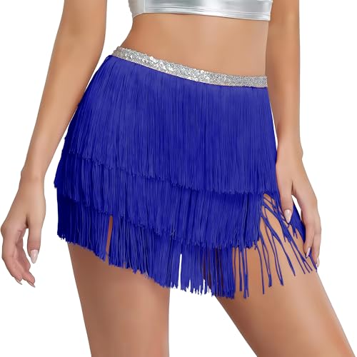 Costume de danse du ventre - Jupe latine - Paillettes - Franges - Tenue pour femme, bleu foncé, taille unique