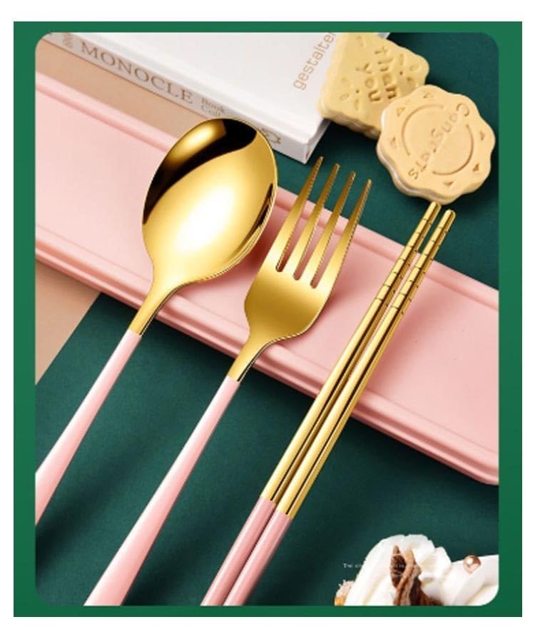 Image of 3 Piece Premium Gold Stainless Steel Chopsticks Fork Spoon Set with Travel Case Non-Slip Dinnerware Cutlery Set Tableware Set for Gift (Gold Pink)