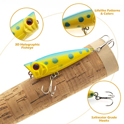 Aosethefrt Topwater Fishing Popper Lure Floating Fishing Lures Bass Fishing Poppers With Treble Hooks For Surf Fishing Bass Culter Blackfish(1.97",0.17Oz) #TOP1