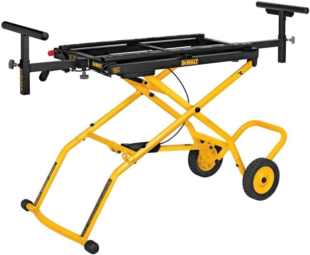 Miter Saw Stand With Wheels, 32-1/2 in. x 60 in Foldable Rollling Stand, Adjustable Height, Durable Steel, 8 ft. Material Support, Universal Mounting Rails (DWX726)