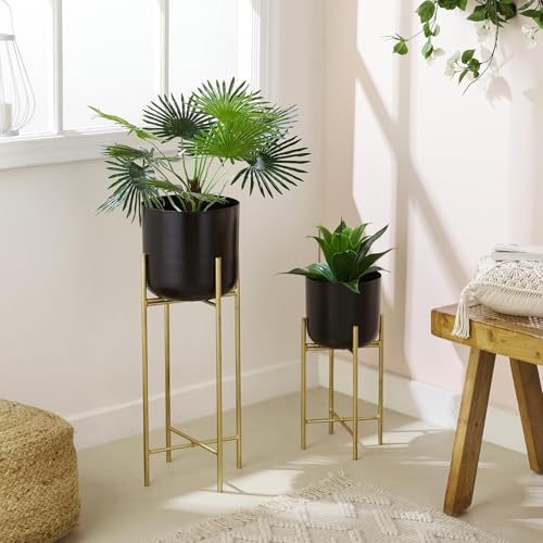 Image of amazon basics Planter with Stand | Flower Pot for Home Decor and Indoor and Outdoor Gardening | Set of 2 (Black Finish)