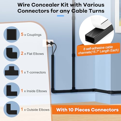Image of 126in Cord Hider Kit, Wire Hiders for TV on Wall, Paintable Cable Management Kit, Wire Cover for Wall Mount TV, Hide Wires Along Wall, Black Cord Cover Wall Wire Management, 8xL15.7in W0.95in H0.55in