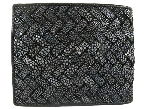 Genuine Polished Stingray Shagreen Skin Leather Intrecciato Braid Handmade Bifold Wallet New (Black)3