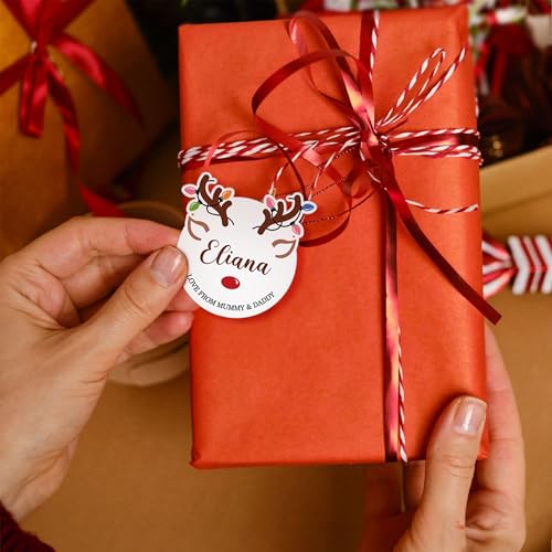 Image of 30pcs Personalized Christmas Stickers with Name, Custom Reindeer Waterproof Christmas Gift Tags for Gift Box Holiday Decorations, Stockings, Party Favors, 3 inch