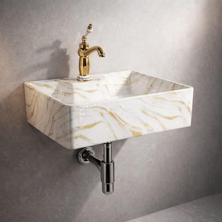 Image of Ceramic Tabletop Wash Basin - Glossy Rectangular Countertop Vessel Sink with Marble Finish for Bathroom & Vanity | Compact 16 x 13 x 5 Inch | Elegant Washbasin