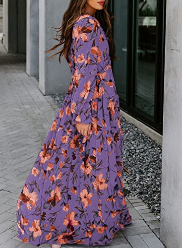 Image of BLENCOT Womens Casual Boho Floral Printed V Neck Long Sleeve Long Maxi Dress Spring Summer Dresses