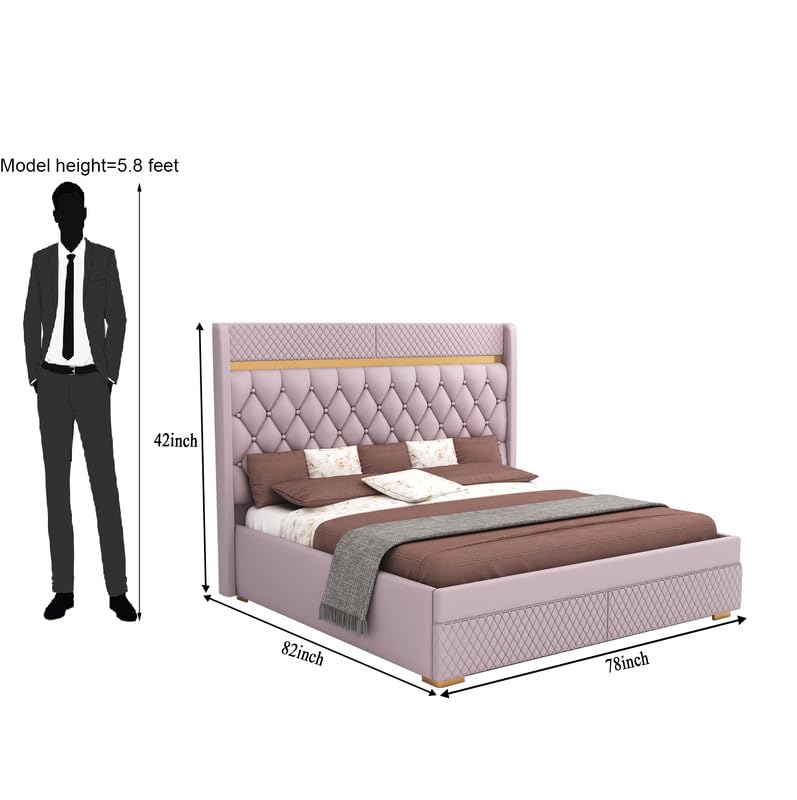 Image of MAMTA DECORATION Solid Wood King Size Bed with Box Storage | Premium Velvet Upholstered Tufted Headboard Palang Cot Bed | Modern Wooden Double Bed for Bedroom, Home, Hotel & Guest Room | Light Purple