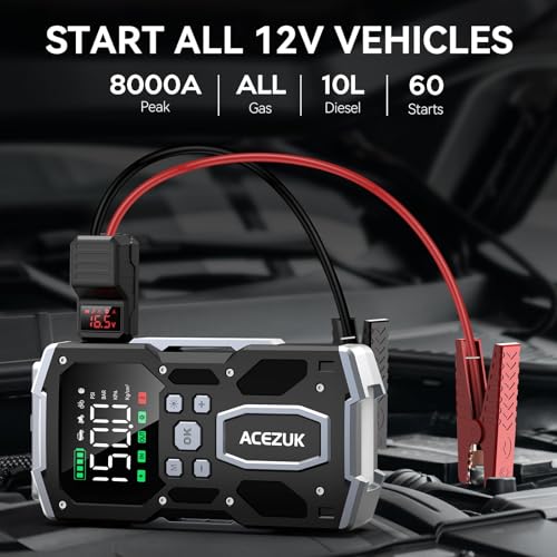 Image of Portable Car Jump Starter with Air Compressor, ACEZUK 160PSI 8000A Jump Starter (All Gas /10.0L Diesel), 12V Battery Jump Box Car Battery Jumper Starter with 3.4 inch LCD Display, 2 Lights