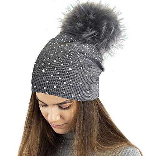 Bonnet en maille fine TOSKATOK avec grand pompon en fausse fourrure pour femme d'hiver