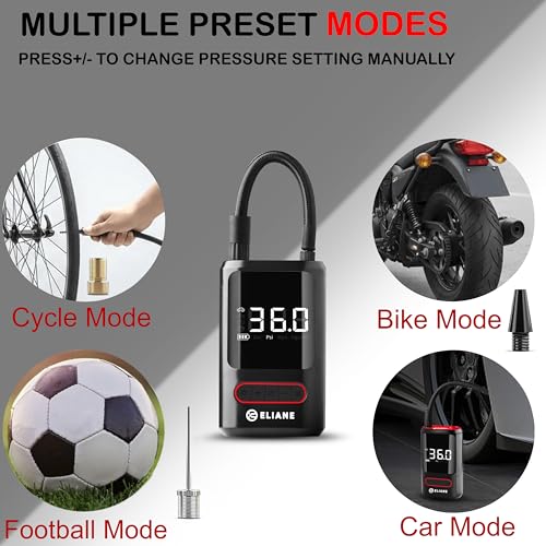 Image of ELIANE 2-in-1 Cordless Tyre Inflator, Portable 150 PSI Air Compressor with 4000 mAh Battery, LED Display, Auto Shut-Off & Type-C Charging for Car, Bike & Sports Balls