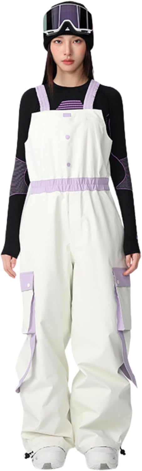 High Waist Baggy Snowboard Bibs for Women and Men Ski Pant Chic Cargo Pockets with Ribbon Snow Bibs