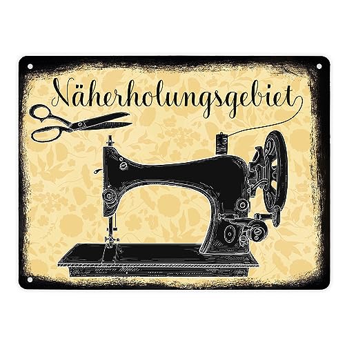 Näherholungsgebiet witziges Metallschild XL in 21x28 cm für alle die gerne Nähen Blechschild für Näherinnen mit alter Nähmaschine und einer Vorliebe für Stoffe und Kleider