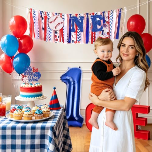 Image of Baseball Highchair Banner for Boys First Birthday Party Decorations | My 1st Rookie Year Baseball Fabric Banner for Boys Blue Red High Chair Banner for One Birthday Backdrop Decorations