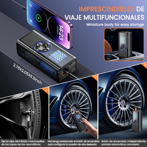 Miniatura 8 de Compresor Aire Portátil 8000mah, 150psi Inflador Ruedas Coche, Inflador Electrico Bicicleta De Doble Alimentación Con Pantalla Digital Y Luz Led, Apagado Automático Para Coche, Moto, Bicicleta, Pelota