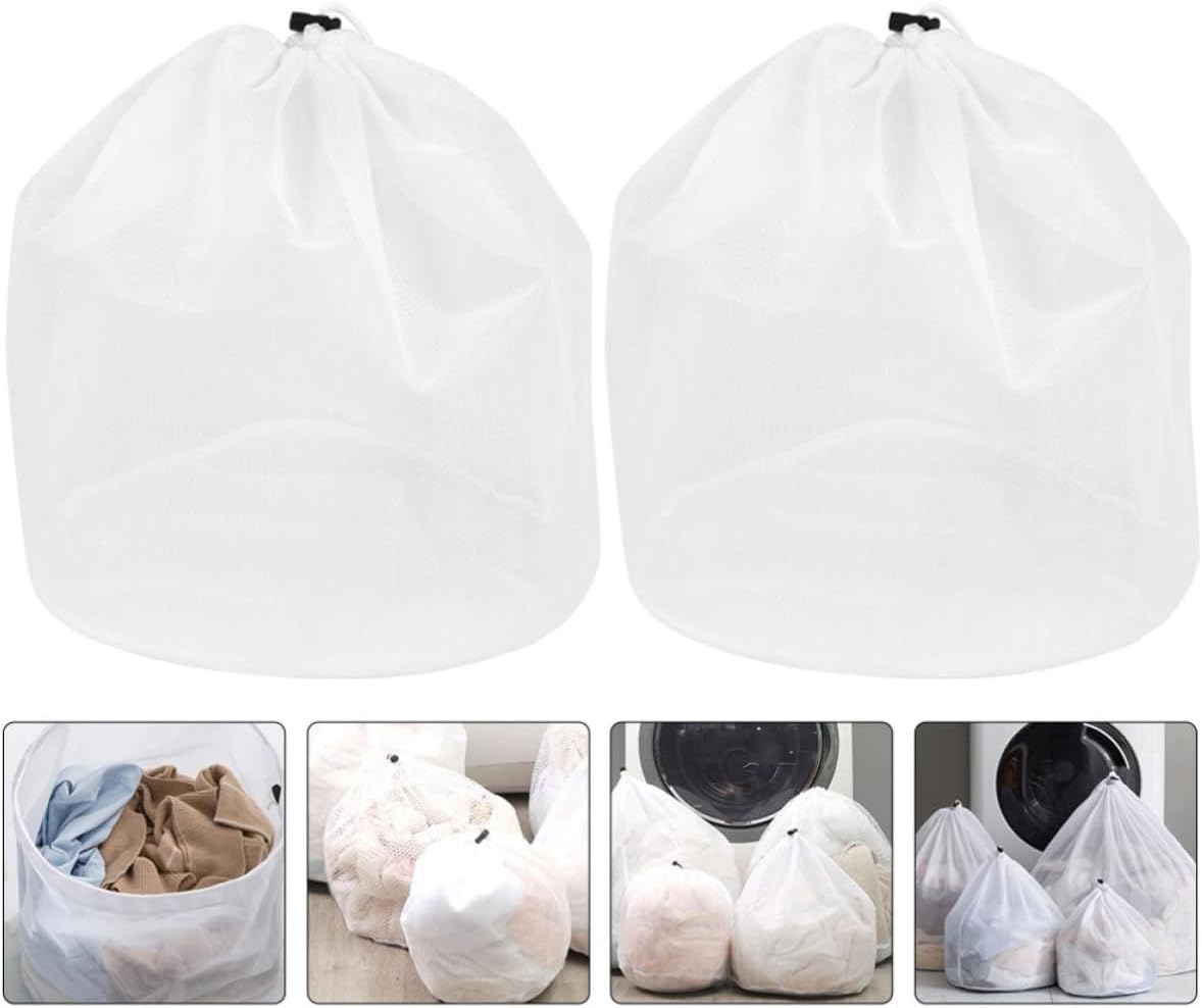 2pcs White Polyester Mesh Laundry Bag with Drawstring for Garments