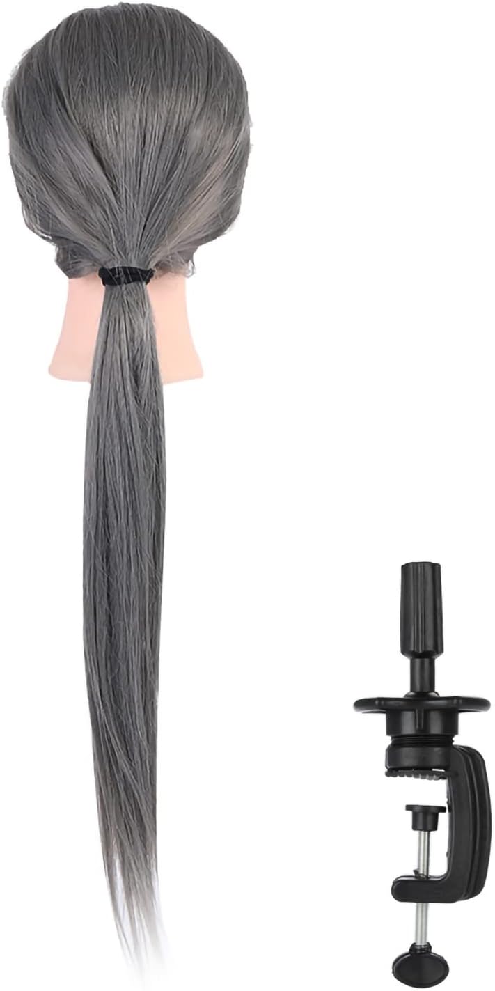 Practice Head Mannequin Doll with 66cm Thick Hair, Training Head for Cosmetology Students, High Temp Fiber and 30% Human Hair Blend, Dark Gray or Light Gray, Includes Table Clamp (ET-171#)
