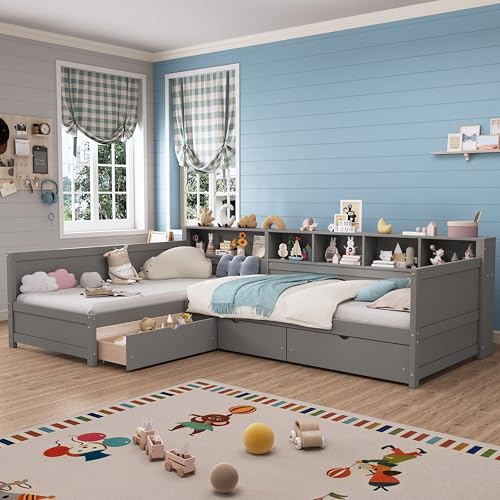 Bellemave L Shaped Corner Bed for 2 Kids, Double Twin
