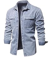 Denim Shirt Men Button Down Jean Jacket Long Sleeve Lapel Shirt Cowboy Shacket Casual Washed Top ...