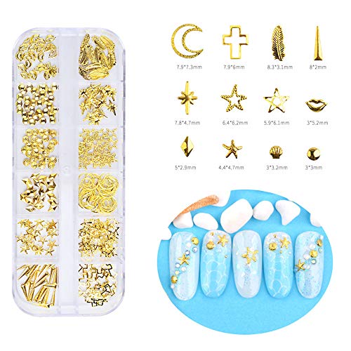 KINIFE 12 Shaped Metal Nail Studs for Women 3D Nail Art Decoration DIY Nail Art Studs (Gold style A)