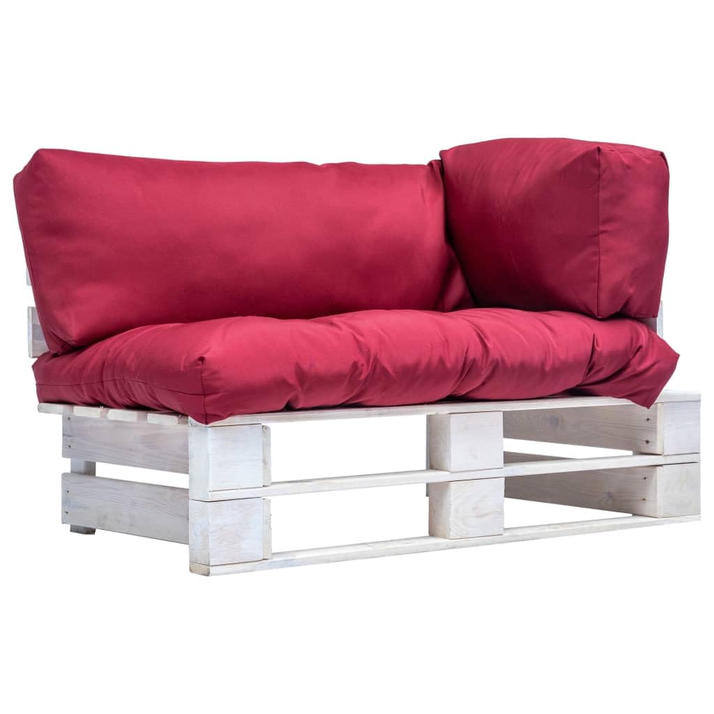 Sofa ogrodowa z palet z czerwonymi poduszkami sosna dwuosobowa impregnowana rustykalna na taras patio ogród łatwy montaż 110x66x65 cm