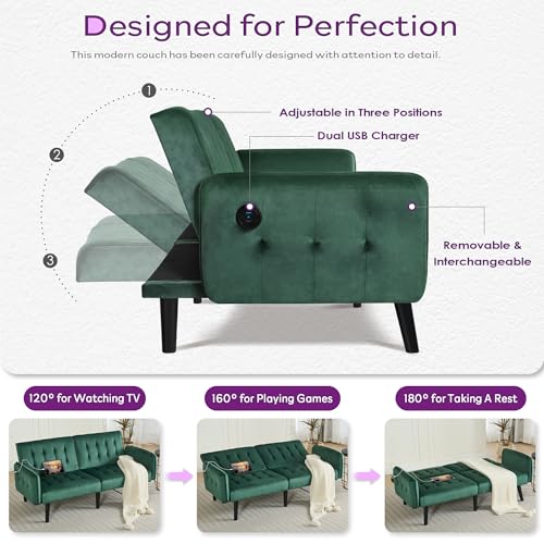Image of TYBOATLE 65 inch W Velvet Modern Convertible Folding Futon Couch Sofa Bed w / 2 USB Charging Ports and arms, Loveseat for Living Room, Office, Apartment, Bedroom (Green)