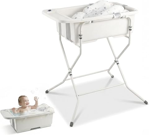 Baby Bathtub with Stand,Collapsible Infant Bath Tub | Large Capacity Newborn Toddler Shower with Thermometer & Soft Cushion for Baby 0 to 36 Months