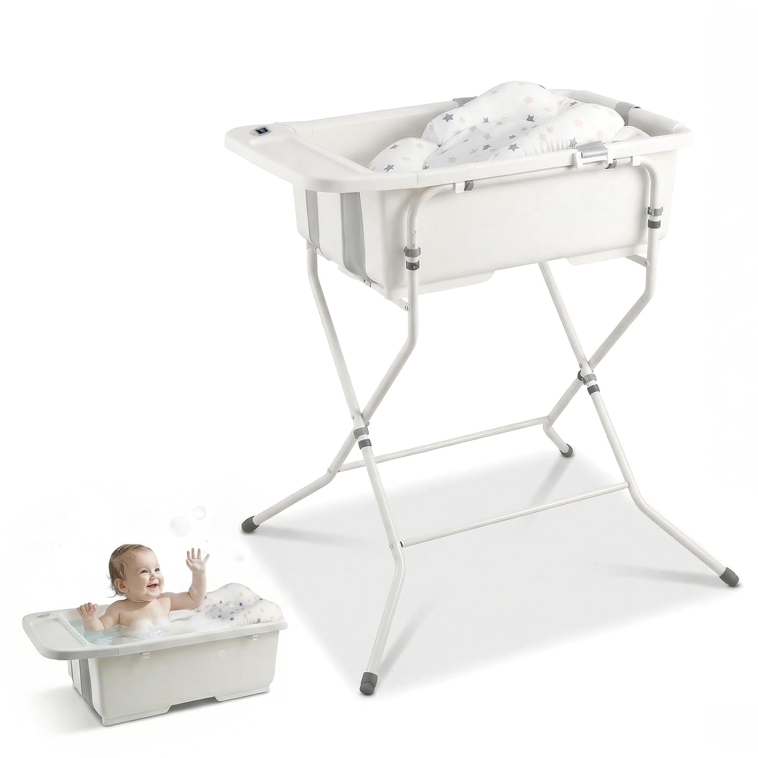 Baby Bathtub with Stand,Collapsible Infant Bath Tub | Large Capacity Newborn Toddler Shower with Thermometer & Soft Cushion for Baby 0 to 36 Months