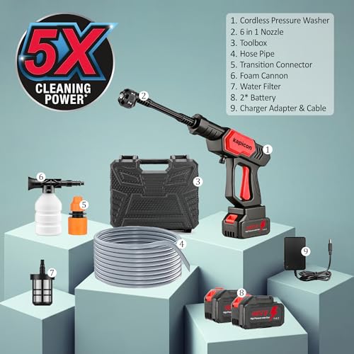 Image of Kapicon KP-RBPW Cordless Pressure Washer 48V 12000mAh | 80 Bar Portable Car Washer | Rechargeable Battery High Pressure Cleaner with Spray Gun for Car, Bike & Home Cleaning