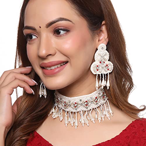 Image of Yellow Chimes Jewellery Set for Women and Girls White Beads Necklace Set for Women | White Beads Studded Choker Necklace Set | Birthday Gift for girls and women Anniversary Gift for Wife