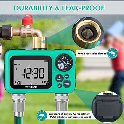 Restmo 2-Outlet Sprinkler Timer With 3 Separate Programs, Interval Or 7-Day Week Programmable Hose Timer, 2 Zone Water Timer With Pure Brass Inlet, Ideal For Garden, Lawn And Control Drip Irrigation #TOP3