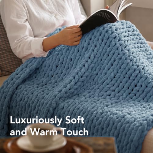 Image of L'AGRATY Chunky Knit Throw Blanket for Couch, 50 x 70 Inches, Airy Blue