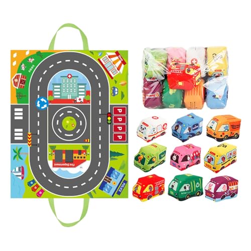 ノーブランド品 キッズプレイラグ、タウンロードラグ - ツーインワン収納バッグ、ゲームブランケット、赤ちゃんのおもちゃ、布製の車、動物、サウンドペーパーBBデバイス付き知育玩具2 in 1 キッズカーマットラグ車両セット,キッズ カーペット プレイマット
